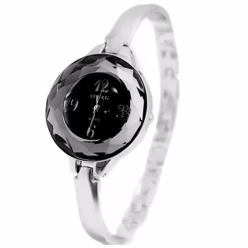 women's watch with black metal band