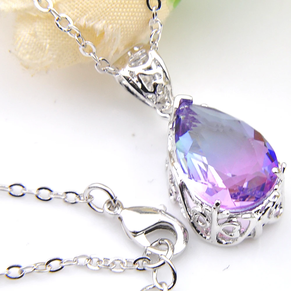 Luckyshine модный топ градиентный BI-COLORED Турмалин капля Кристалл циркония серебро для женщин обручение подарок кулон цепочки и ожерелья F