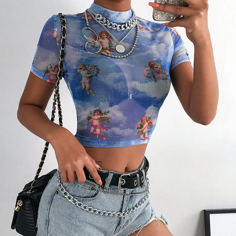 

Women Turtleneck Angle Print T shirt Sexy Transparent Mesh Short Sleeve T Shirt Ladies See Through Streetwear Summer Crop Top
