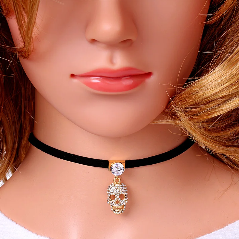 

Zircon rhinestones skull pendant necklace for women leather rope gold color alloy skeleton necklaces pendants girls friend gift