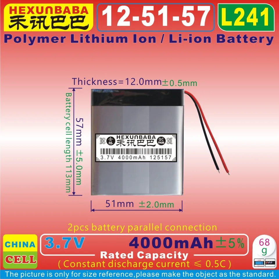 

[L241] 3.7V 4000mAh [125157] Polymer lithium ion / Li-ion battery for MOBILE BANK,e-book,speaker;MP4,DVR;tablet pc,GPS