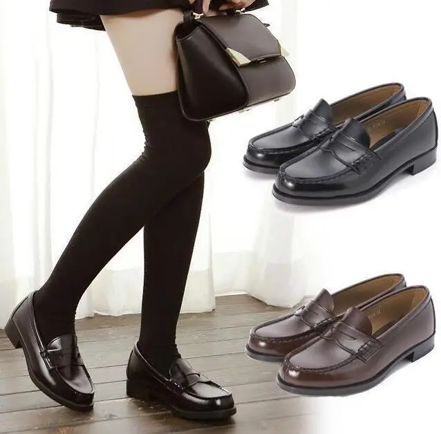 

Womens School Student Uniform Soft Leather Flat Low Heel Shoes Cosplay Loafer C57