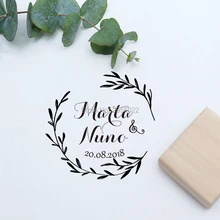 Пользовательские свадебный венок штамп с каллиграфией, деревянная резиновая печать, персонализированные свадебные классический штамп