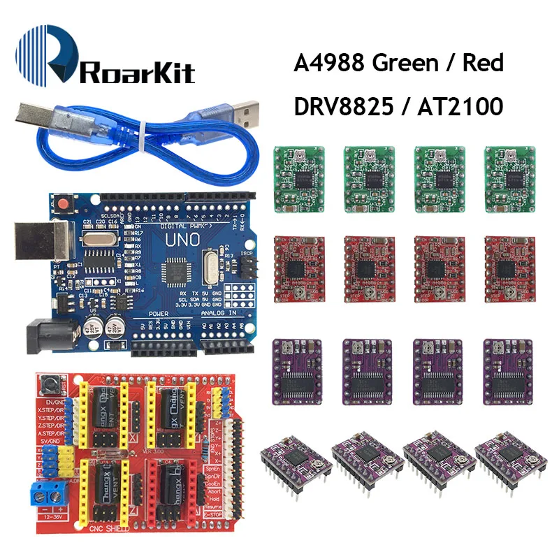 CNC щит V3 гравировальный станок 3d принтер+ 4 шт. A4988/DRV8825/AT2100 Плата расширения драйвера для Arduino+ UNO R3 с USB кабелем