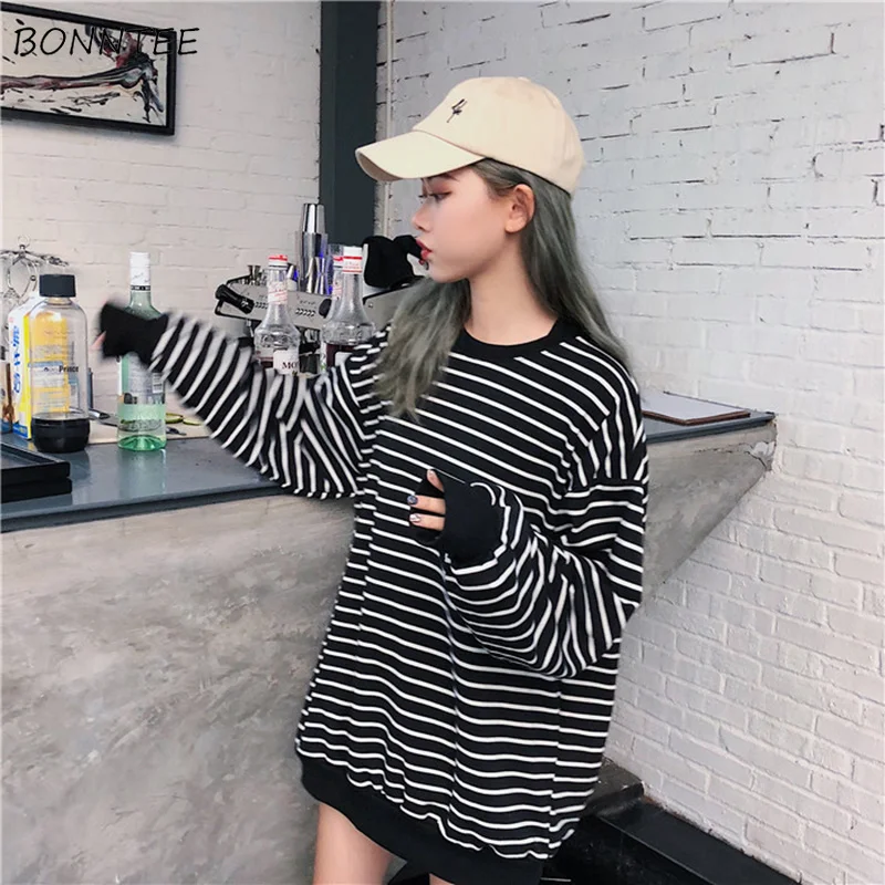 Hoodies Women O-Neck Retro Chic Striped Loose Korean Style Sweatshirt Simple Soft Long Sleeve Pullo