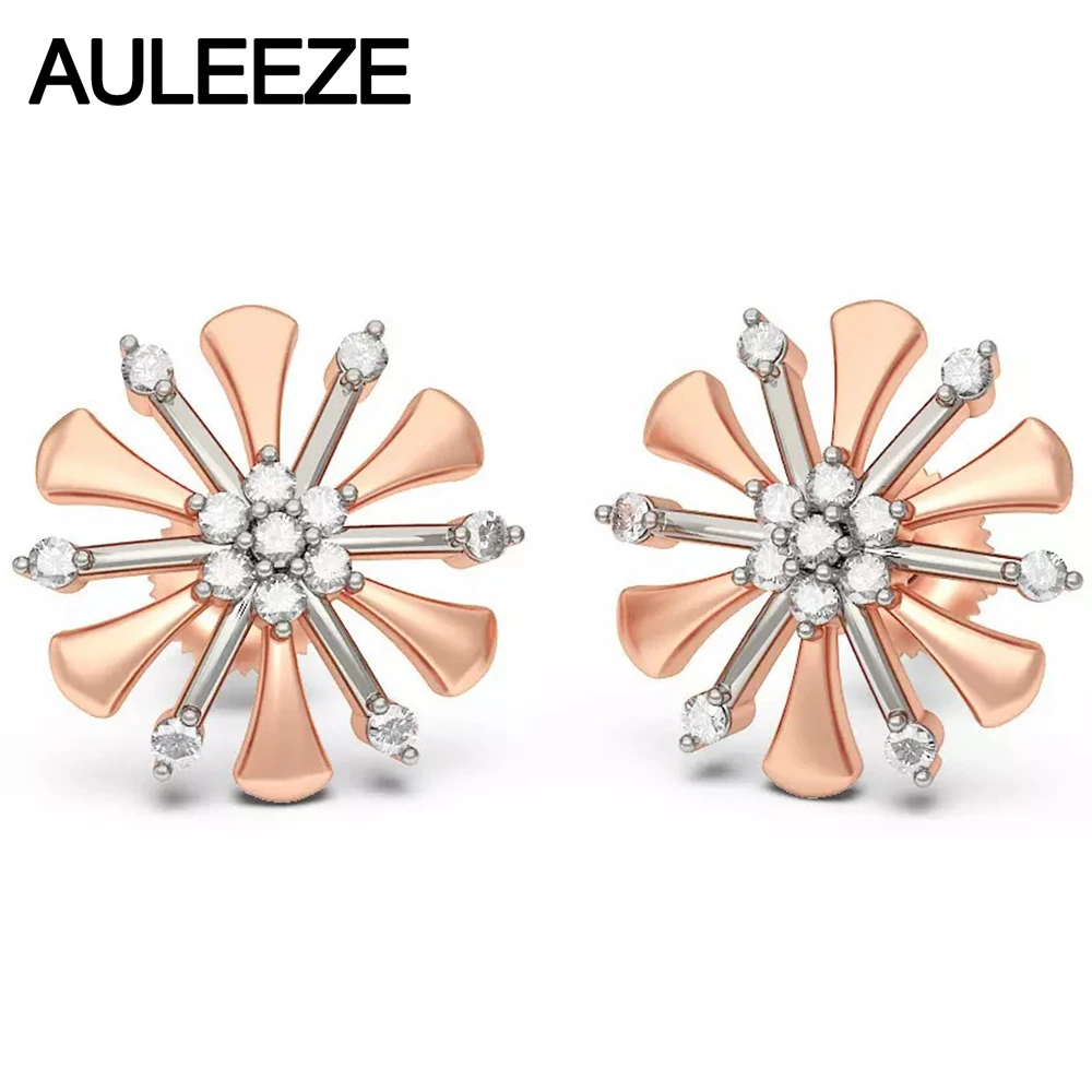 Snowflake Solid 14K 585 Two Tone Gold Stud Earrings Natural Diamond Earrings Fine Jewelry Noble