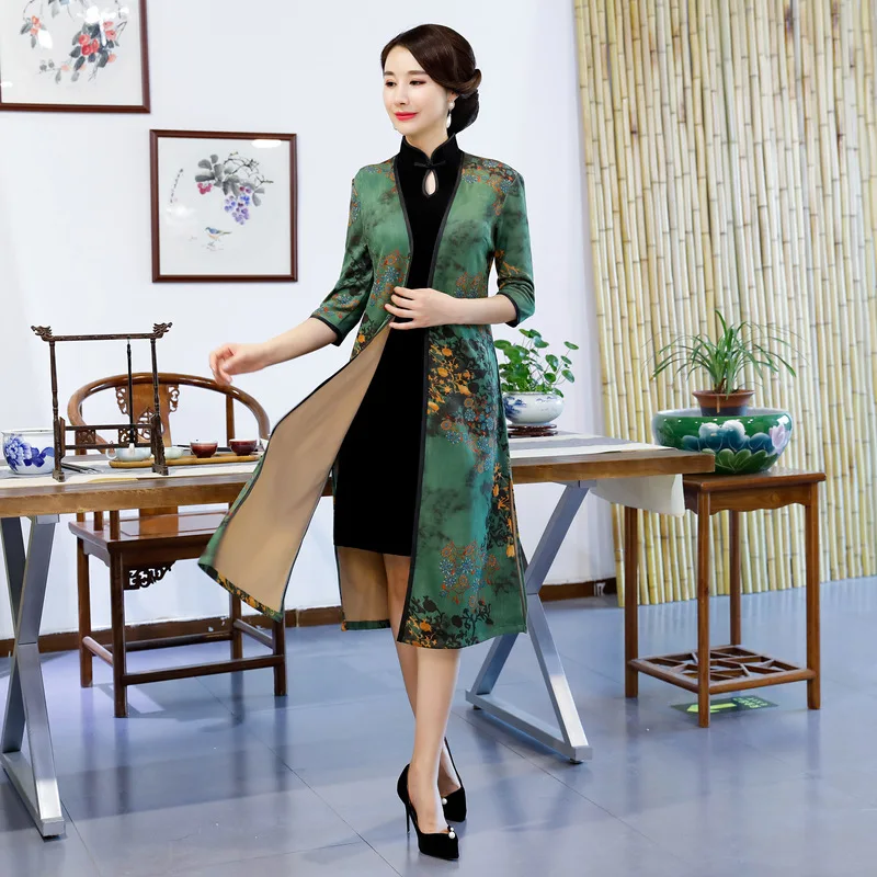 Женский 2 шт чехонг-костюм осень бархат длинный тонкий Qipao воротник стойка традиционное китайское платье платья больших размеров M-3XL