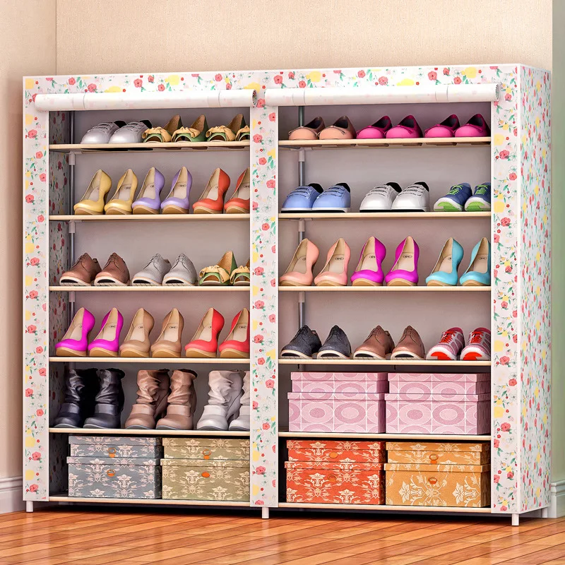 Simple Double Row Shoe Cabinet Thicken Non-woven Damp-proof Steel Pipe Storage Furniture Assembled Living Room Shoe Organizer
