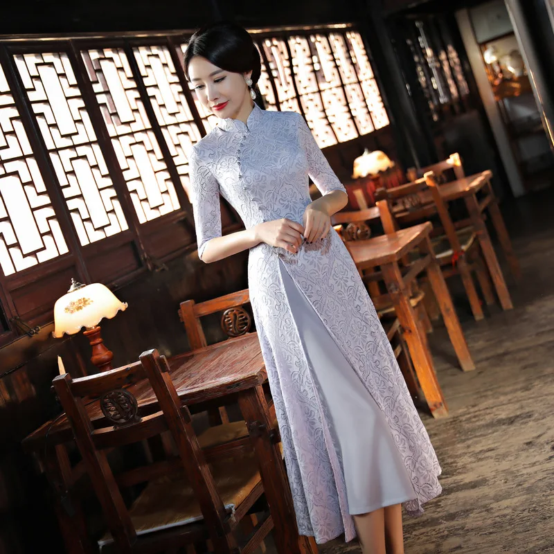 Весеннее новое платье в китайском стиле, женское длинное кружевное платье Ципао, воротник-стойка, ручная работа, пуговицы, рукав до локтя, платье Чонсам размера плюс S-3XL, 9020