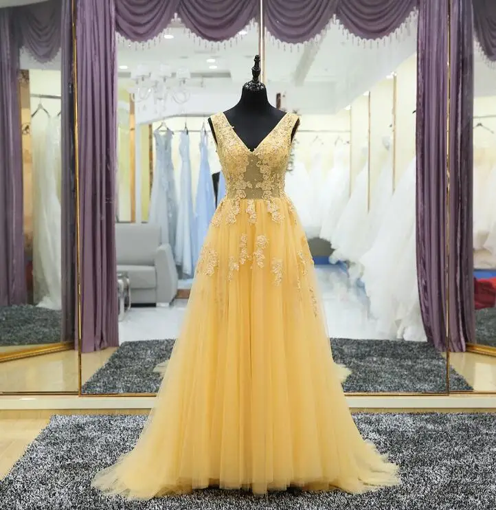 JaneVini Vestidos Yellow V-Neck Women Evening Dress Beaded Lace Illusion Godmother Mother Of The Bride Dresses Sweep Train - Цвет: Цвет: желтый