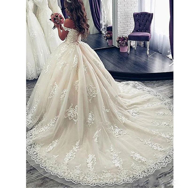 2019 с открытыми плечами бальное платье Свадебные платья с кружевными аппликациями развертки поезд невесты платье элегантные свадебные