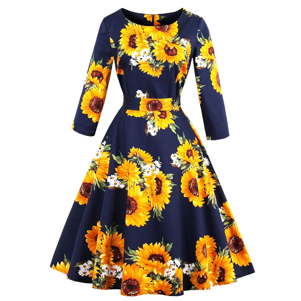 

Joineles Plus Size Women 1960's Audrey Hepburn Vintage Dress Long Sleeves Belts Sunflower Print Swing Vestidos femme Retro Dress