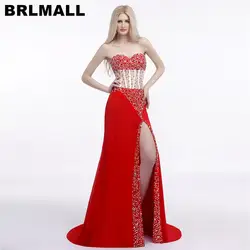 BRLMALL 2017 Милая Спинки Красный Пром Платья Sexy разрез Стороны Бисером Кристалл Русалка Вечернее Платье Формальные платья одеяние де вечер