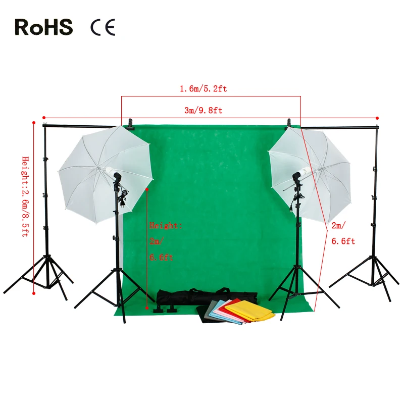 

Photo Studio Backdrop Kit Set +2.6m*3m Background Support Stand+7*1.6m*2m non-woven backdrops+2*45w 5500K Daylight Light Bulb