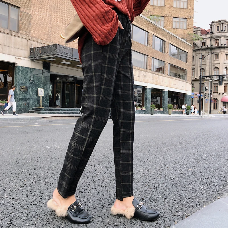 

BGTEEVER Casual Women Plaid Pants Elastic Waist Pockets Female Work Trousers 2018 Winter Ankle-length Pants pantalon