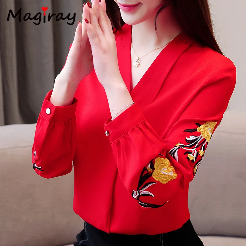 

Magiray 2019 Spring Summer Plus Size Chiffon Blouse Women Long Sleeve Floral Embroidery Elegant Top Office Lady Shirt V Neck C78