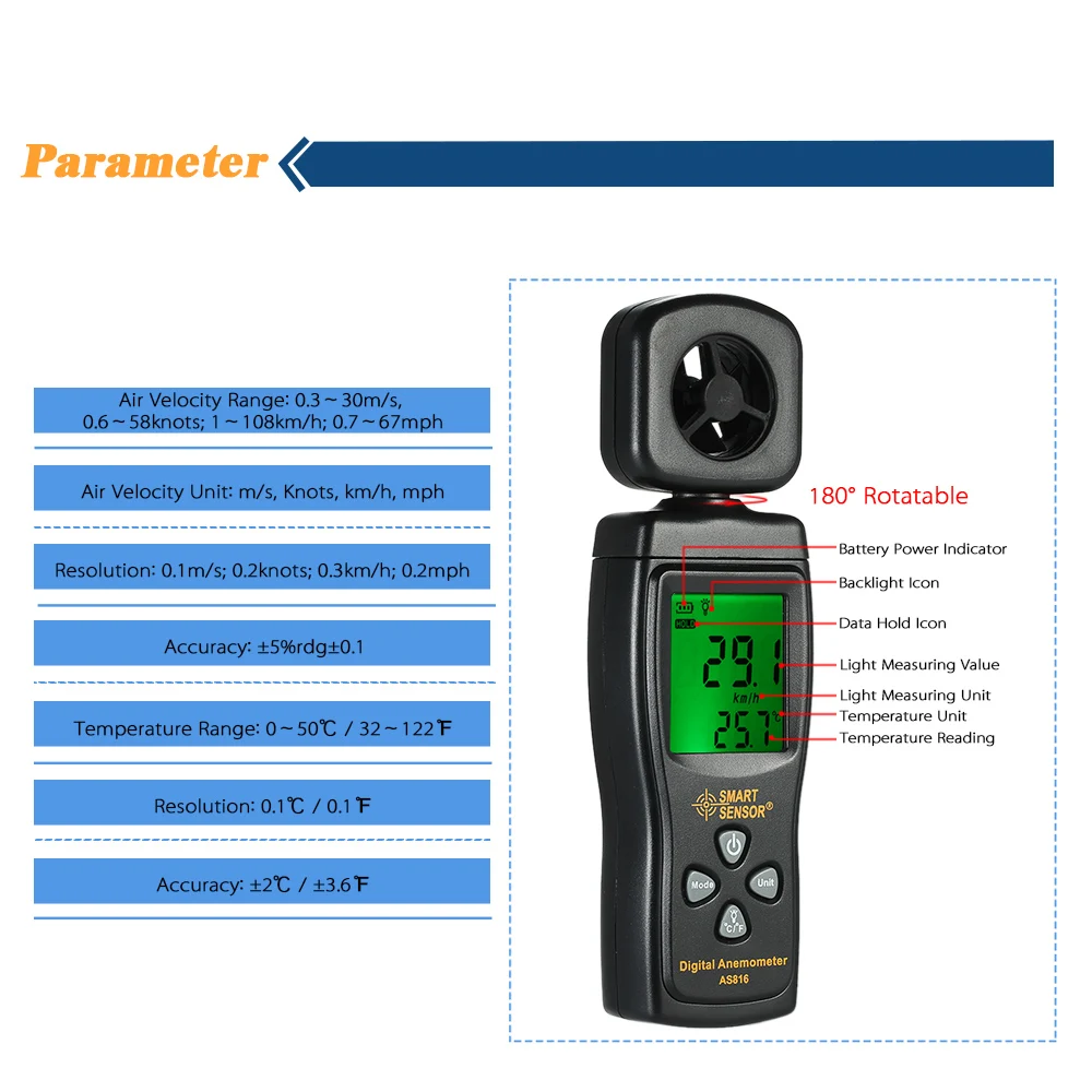 Смарт-датчик мини-Анемометр ЖК-цифровой анемометр измеритель скорости воздуха Измерение температуры с подсветкой