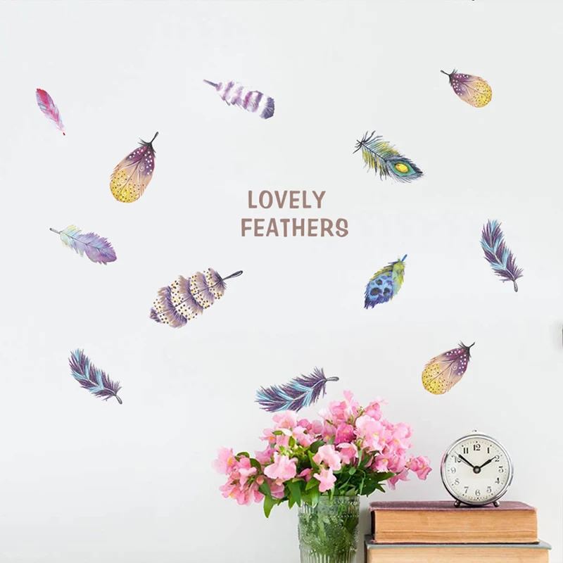 Colorful Lovely Feather Wall Stickers For Home Decoration Accessories PVC For Living Room Bedroom DIY Mural Decor Wall Art Decal