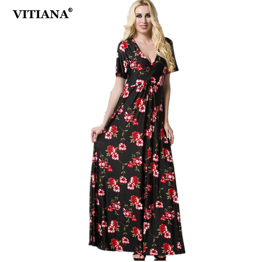 

VITIANA 2017 Women Summer Casual Dress Bohemian Black Flower Print Short Sleeve Beach Maxi Long Party Dress Plus Size 6XL 7XL