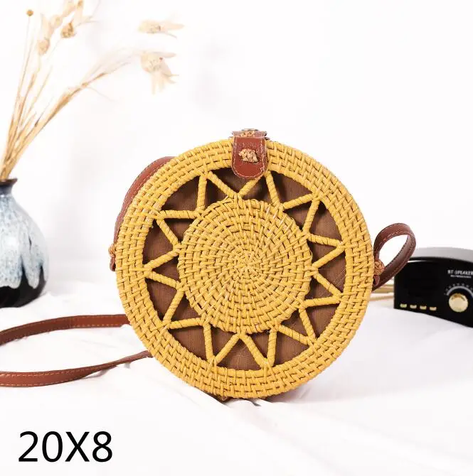 yellowwujiaoxing20x8 Новинка, круглая Соломенная пляжная сумка, тканая Большая вместительная сумка на одно плечо, ручная вязаная крючком летняя сумка для девочек - Цвет: yellowwujiaoxing20x8