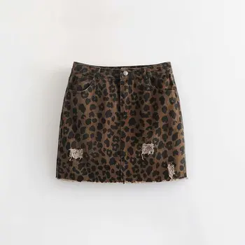 

2018 Women vintage leopard print hole jean pencil skirt faldas mujer ladies high street cowboy broken style denim skirts QUN122