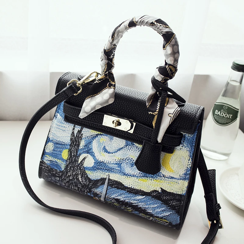 Die Leather Echt 2018 Leder Kunst Bemalt Frauen Schulter Taschen Zeichnen Cm Messenger Sky Hand Tasche Starry Echtem Pu Aus Litschi 25 Schloss g1gzrq4