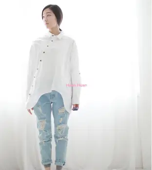 

2015 Spring New Loose Irregular Hem Oblique Buckle Simple Linen Shirt Cotton shirt Personality Big Yards Free Shipping