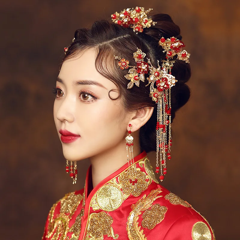 Свадебный головной убор Античный Китайский Свадебный феникс корона красный бахромой свадебный головной убор аксессуары