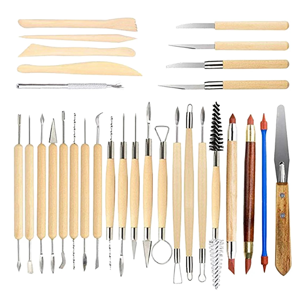 30Pcs Complete Wooden/ Metal /Rubber Pottery Sculpture Clay Carving Tool Kits for Artist Art Creation