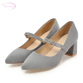 

Chainingyee leisure style sexy pointed toe pumps fashion belt buckle nubuck yellow black beige gray middle heel women's shoes