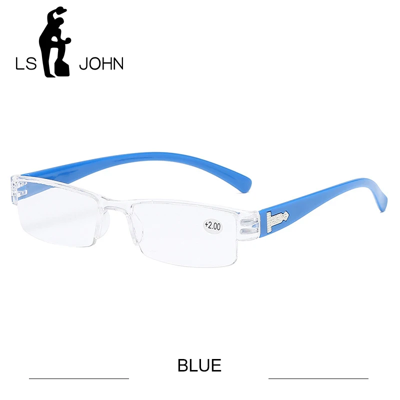 LS JOHN Korean Fashion Reading Glasses Men Women Clear Lens Half Frame Presbyopic Eyewear 1.0 1.5 2.0 2.5 3.0 3.5 4.0 for Reader - Цвет оправы: BLUE