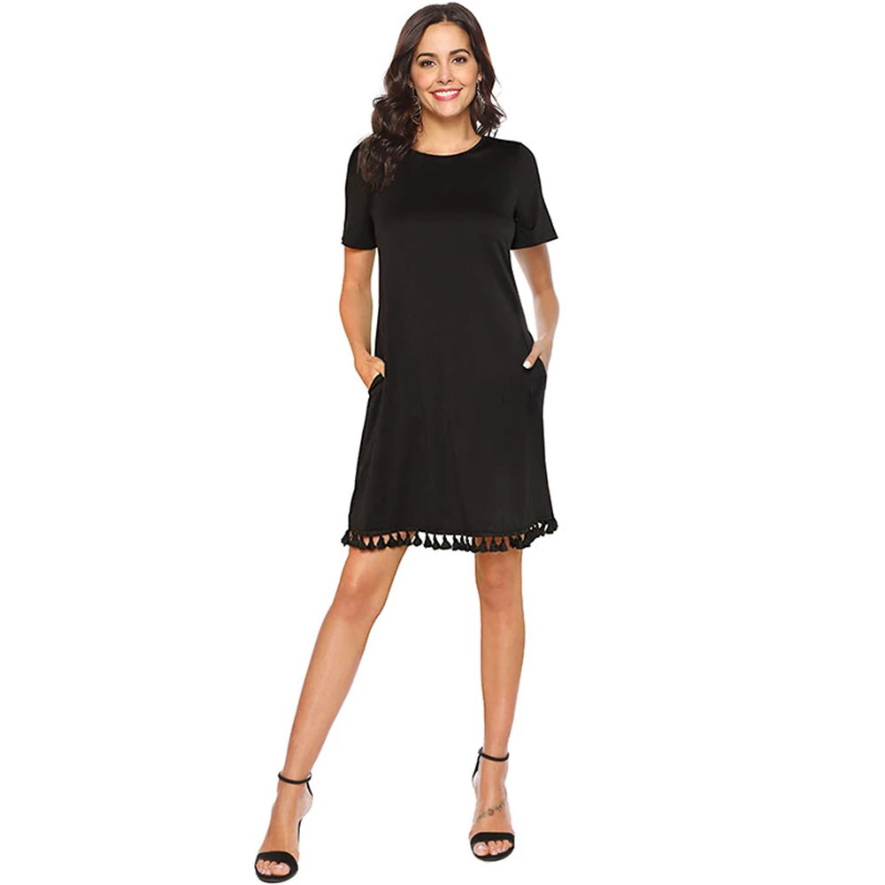 Louyebouho 2019 Women Casual Tassel Short Dresses Summer Fashion Short Sleeve Dress Solid Color Slim Pockets Shirtdress Vestidos