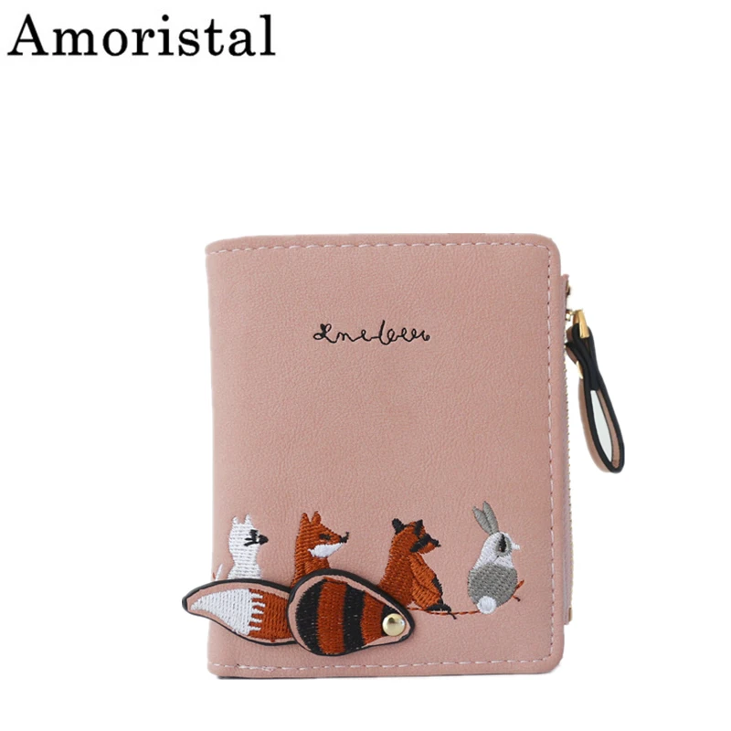 

Women Wallet Cartoon Animals Short Small Coin Purse Embroidery Cute Fox 2 Fold Zipper Holder For Girls Hasp Lovely Fashion SY71