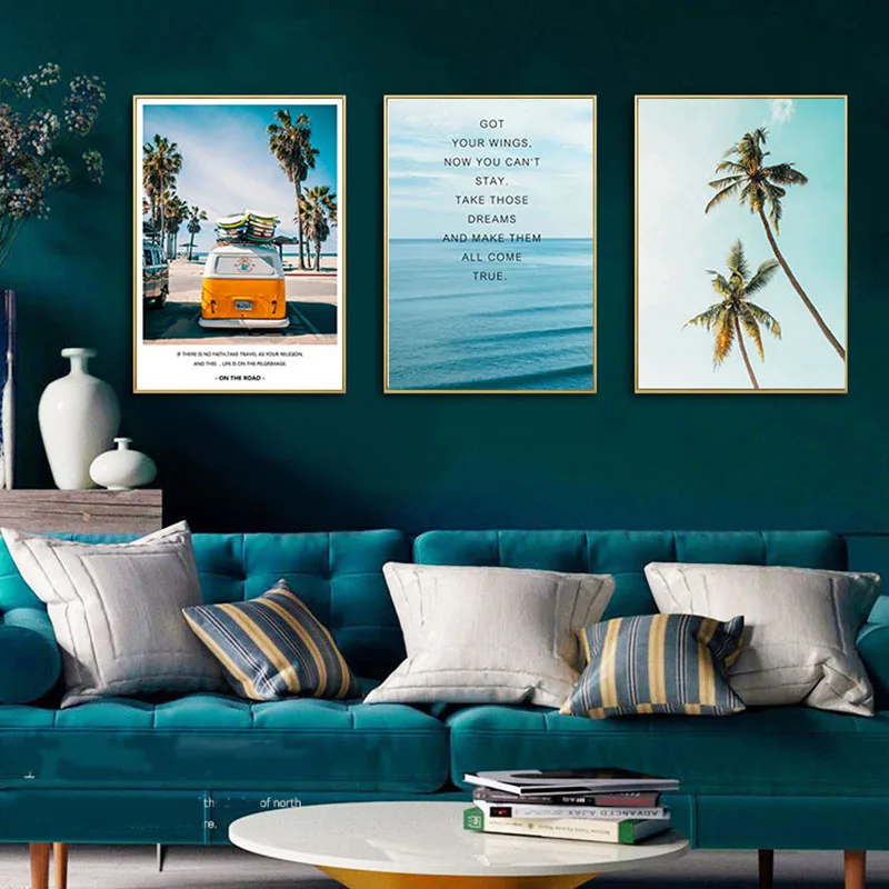 

Canvas Painting Bus and Sea Posters Mediterranean Style Wall Art Canvas Painting Wall Poster For Living Room Decor