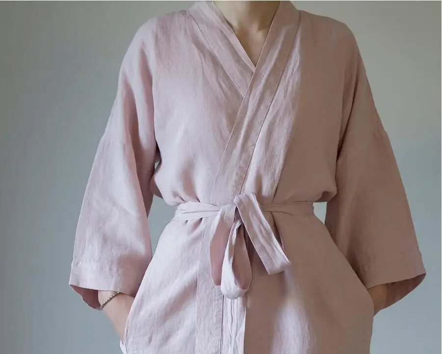 Women Sleepwear Robes Linen Pajamas.Breathable Shower Spa Linen Robe Night Bathrobes Sleep Nightgown Robe Dressing Gown.8 Colors