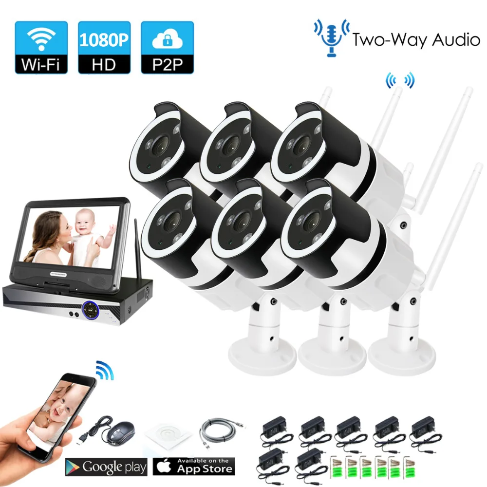 

6CH two way audio talK HD Wireless LCDNVR Kit P2P 1080P Indoor Outdoor IR Night Vision Security 2.0MP IP Camera WIFI CCTV System