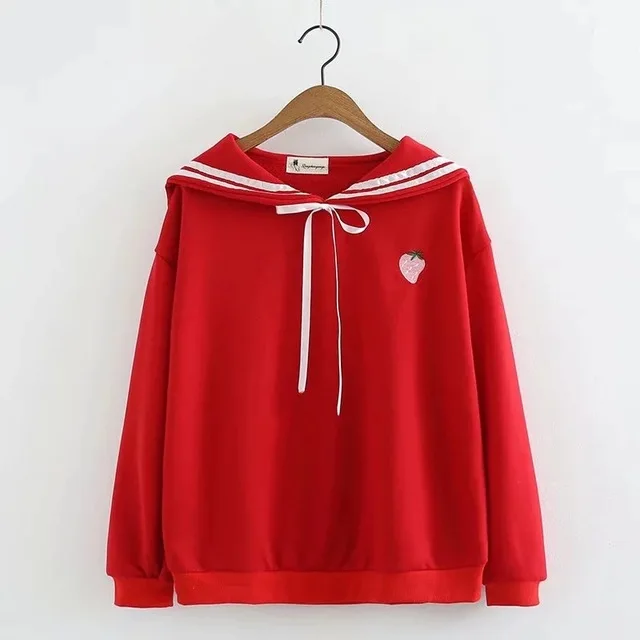  Preppy Style Japanese Kawaii Girls Cute Strawberry Embroidery Sailor Collar Hoodie Korean Long Slee