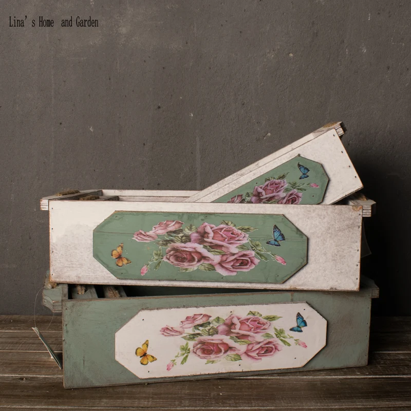 butterfly flower print rope handle shabby chic handmade country style wooden box (3)