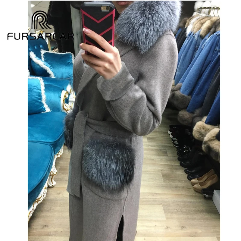 FURSARCAR Real Fur Coat Women Winter Luxury Woolen Skin Fur Coat With Silver Fox Fur Collar 120 CM Long Whole Skin Fur Coat