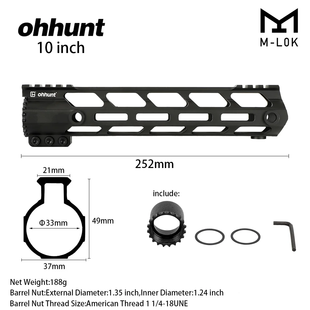 Ohhunt AR15 поплавок M-LOK Handguard Пикатинни тонкий стиль стальной баррель гайка для охоты прицел крепление с петлей отверстие - Цвет: 10 inch Black