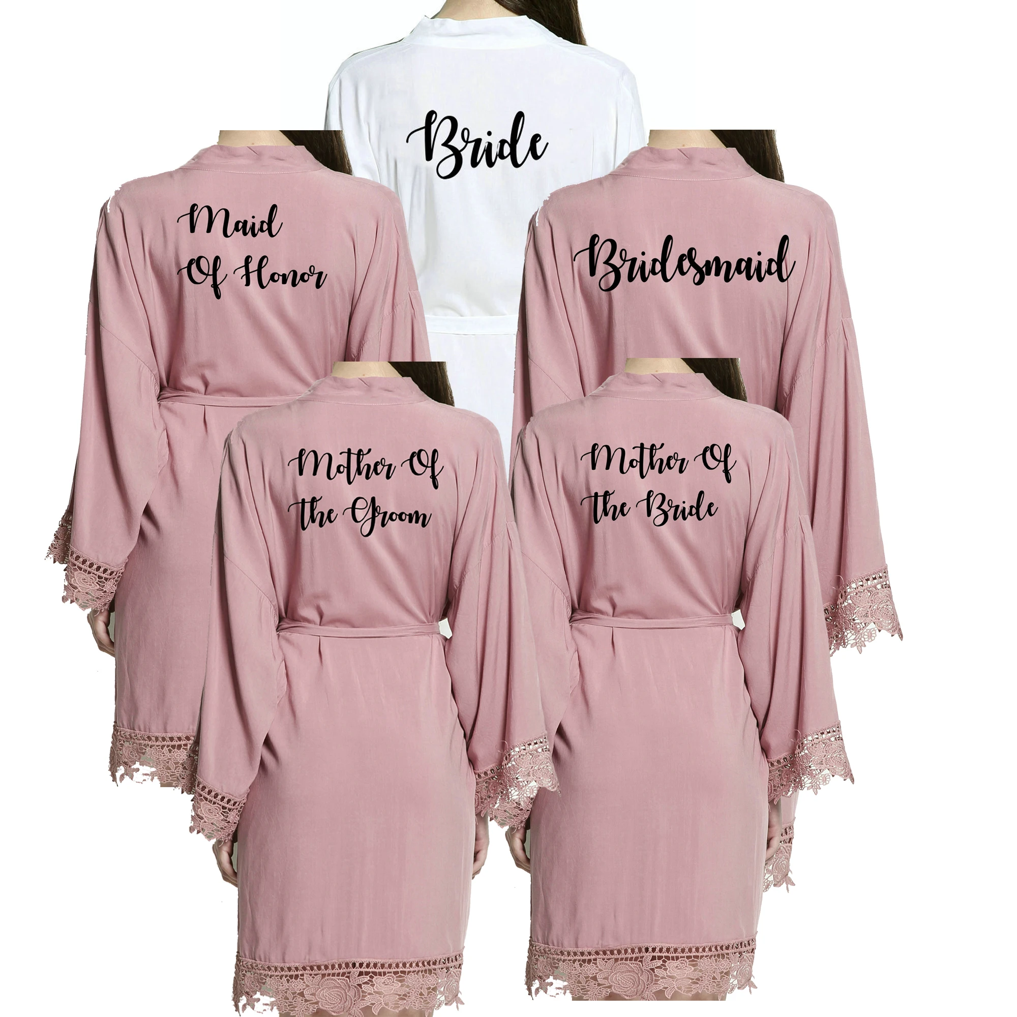 Обычай ваш текст сплошное хлопковое Кимоно Одежда для невесты w/кружевная отделка женское свадебное платье короткий пояс халат пижамы розовый