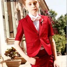 Красный костюм с короткими рукавами, новые свадебные костюмы для мальчиков, Детские смокинги для жениха, 2 предмета