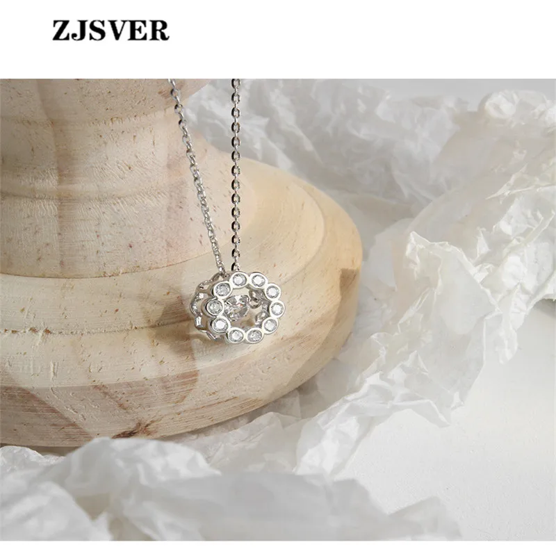 

ZJSVER Fine Jewelry 925 Sterling Silver Necklace Micro-inlaid Crystal Zircon Round Pendant Simple Silver Chain Women Necklace