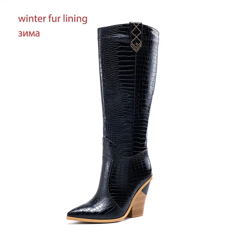 WETKISS Plus Size 46 Knee High Western Boots Women Cowboy Boot Female Pointed Toe Sexy Shoes 11 Colors High Heels Shoes Winter - Цвет: black thick fur