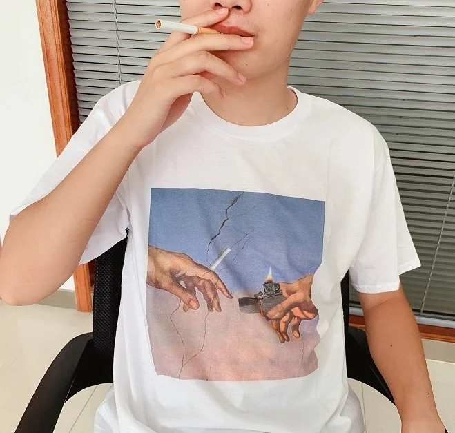 

kuakuayu HJN Michelangelo Hand Cigarette Lighter Printed T Shirt Short Sleeve Funny Tops Fashion Tumblr Graphic T-shirts