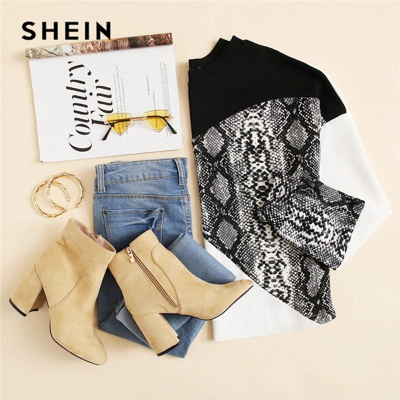  SHEIN Color Block Snake Skin Sweatshirt Preppy Round Neck Long Sleeve Pullovers Women Autumn Multic