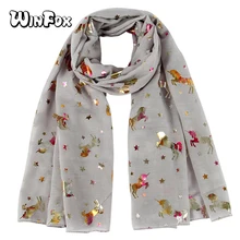 Winfox Luxury Shiny Grey Navy Bronzing Foil Silver Horse Star Women Chiffon Shawl Polyester Female Ladies Scarf Wraps