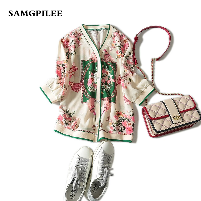 

Vadim Plus Size 2019 New Summer Casual Chiffon Three Quarter Sleeve Appliques Print V-neck Women Blouses & Shirts L-3x