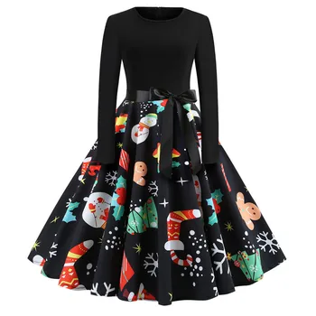 

Women's Vintage Print Long Sleeve Christmas Evening Party Swing Dress Habiller Les Femmes Vestidos Para Mulheres QB2