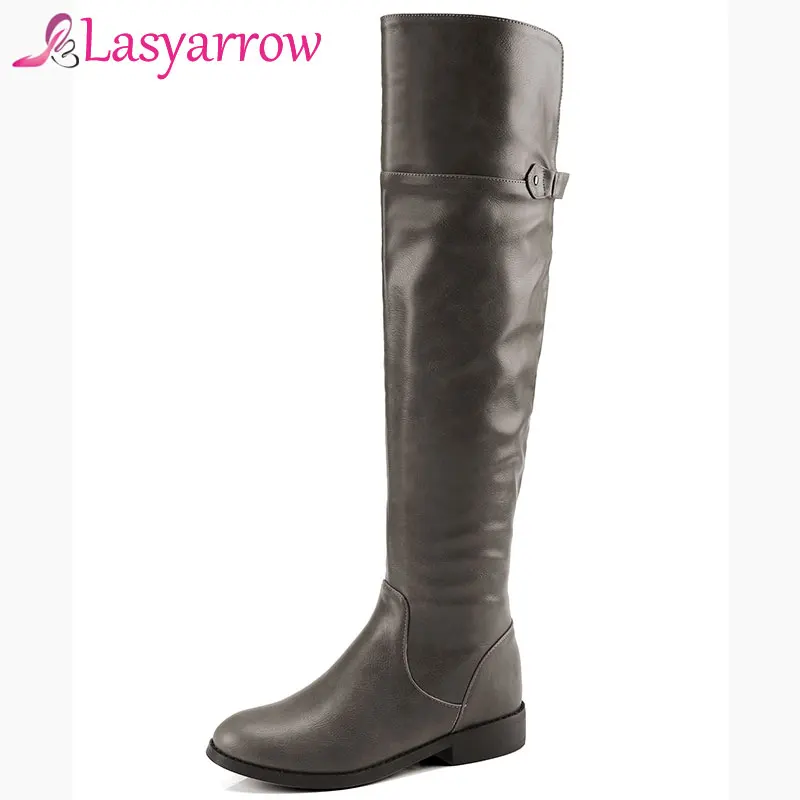 

Lasyarrow High Quality PU Leather Knee High Boots Women Buckle Strap Knight Shoes Woman Zipper Short Plush Winter Footwear F1590